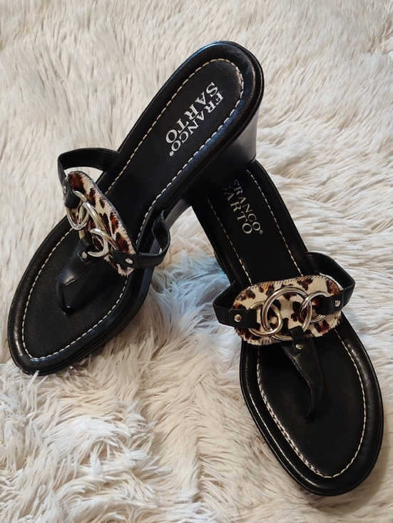 Franco Sarto Shoes - Franco Sarto Leather Wedge Sandals Calf Hair Leopard Black Cream Brown Brazil 8